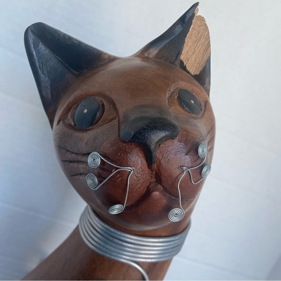 Siamese Cat Wood Statue Hand Carved Mixed    Media Wire Wrapped Art Figurine - Picture 2 of 15